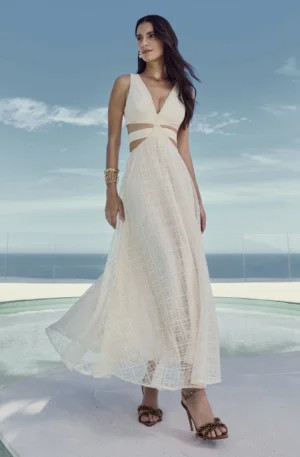 VESTIDO MAXI MIDI DECOTE FRANJA